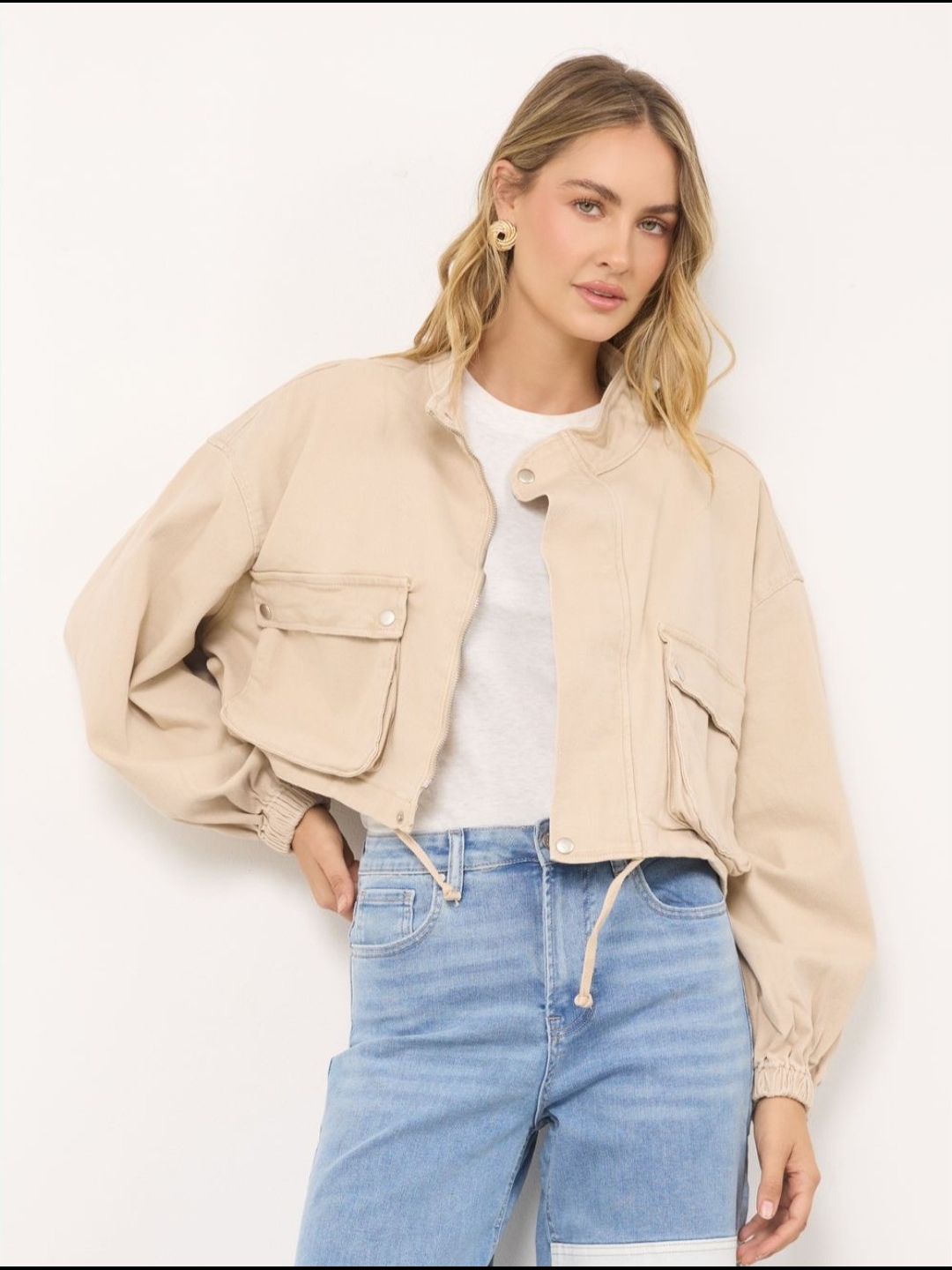 American Bazi Women’s Cropped Utility Jacket In Almond